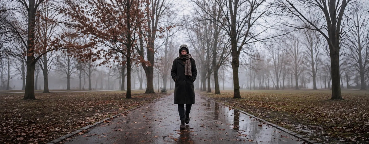 Eine warm gekleidete Person spaziert an einem kalten, grauen Wintertag durch einen nebligen Park. Der bedeckte Himmel und die kahle Umgebung symbolisieren wenig Sonnenlicht und die eingeschränkte körpereigene Vitamin-D-Bildung in den Wintermonaten.