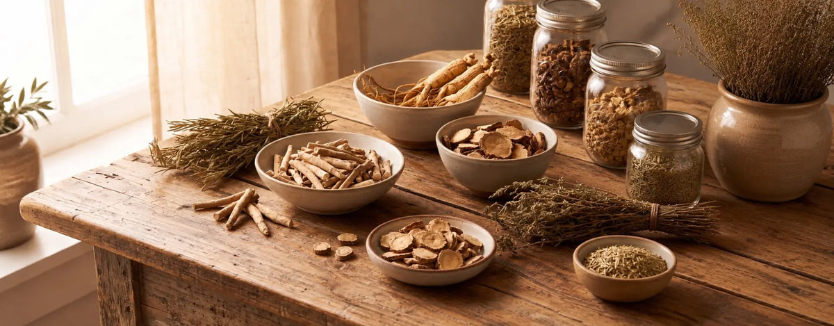 Getrocknete Ashwagandha-Wurzel und Kräuter auf einem Holztisch, Symbolbild für Adaptogene
