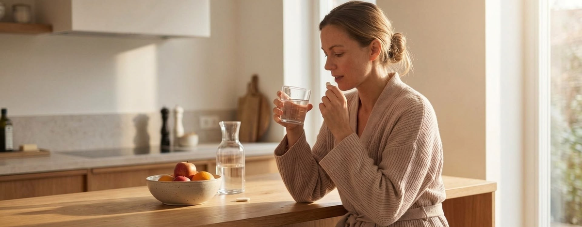 Frau nimmt morgens eine Tablette mit einem Glas Wasser ein, Symbolbild für die richtige Eiseneinnahme