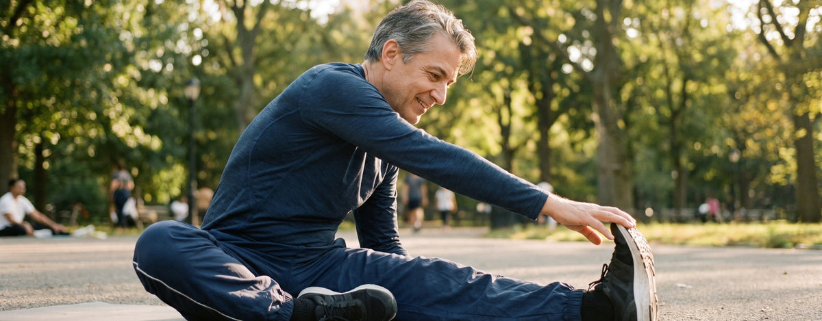 Person mittleren Alters beim Dehnen im Park, Symbolbild für Gelenkgesundheit ab 40