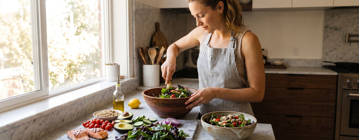Frau bereitet einen herzgesunden Lachs-Salat mit Gemüse zu, Symbolbild für Herzgesundheit und Ernährung