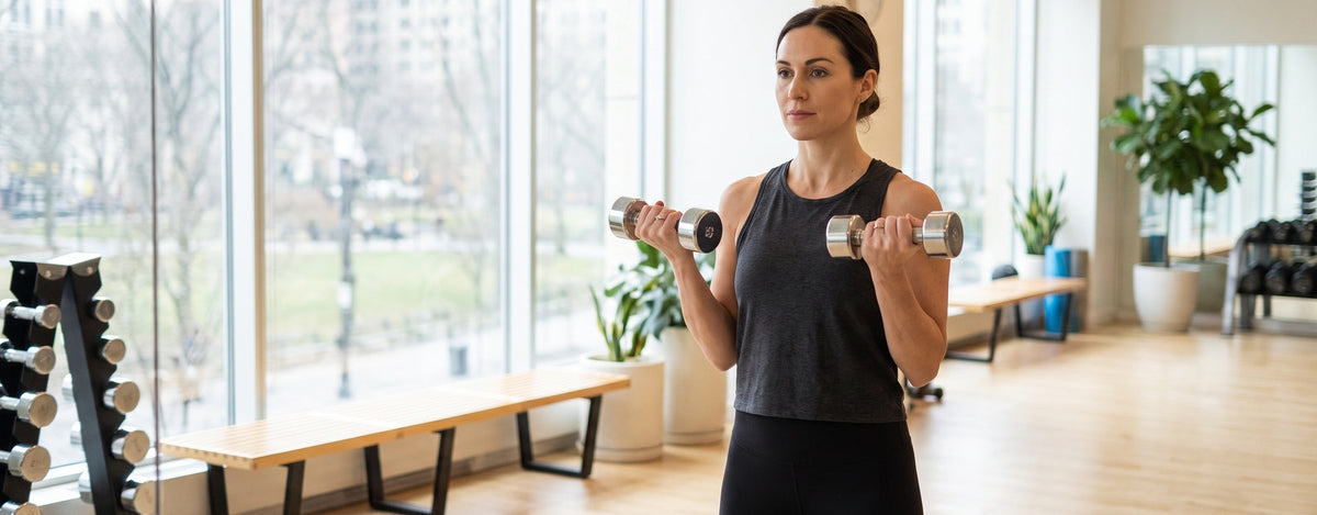 Frau beim Krafttraining mit Hanteln im Fitnessstudio, Symbolbild für Kreatin und Training bei Frauen