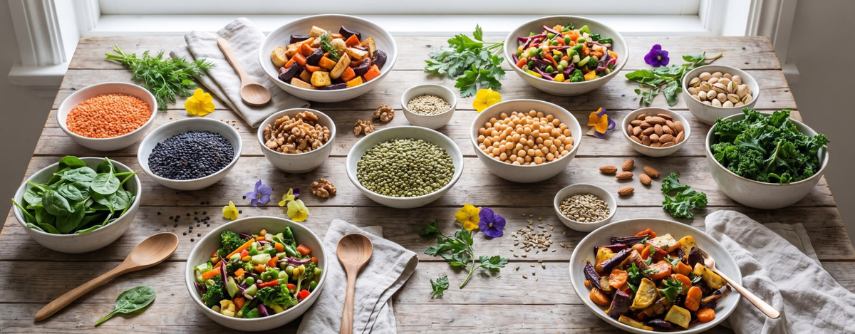 Bunte pflanzliche Lebensmittel wie Linsen, Nüsse und Gemüse auf einem Tisch, Symbolbild für vegane Ernährung