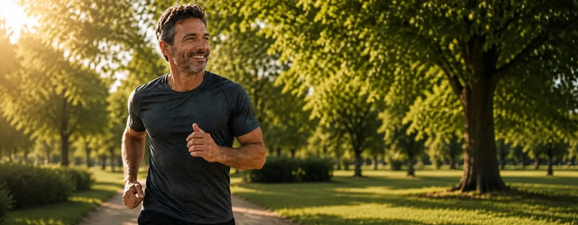 Aktiver Mann mittleren Alters beim Sport im Freien, Symbolbild für männliche Vitalität und Energie