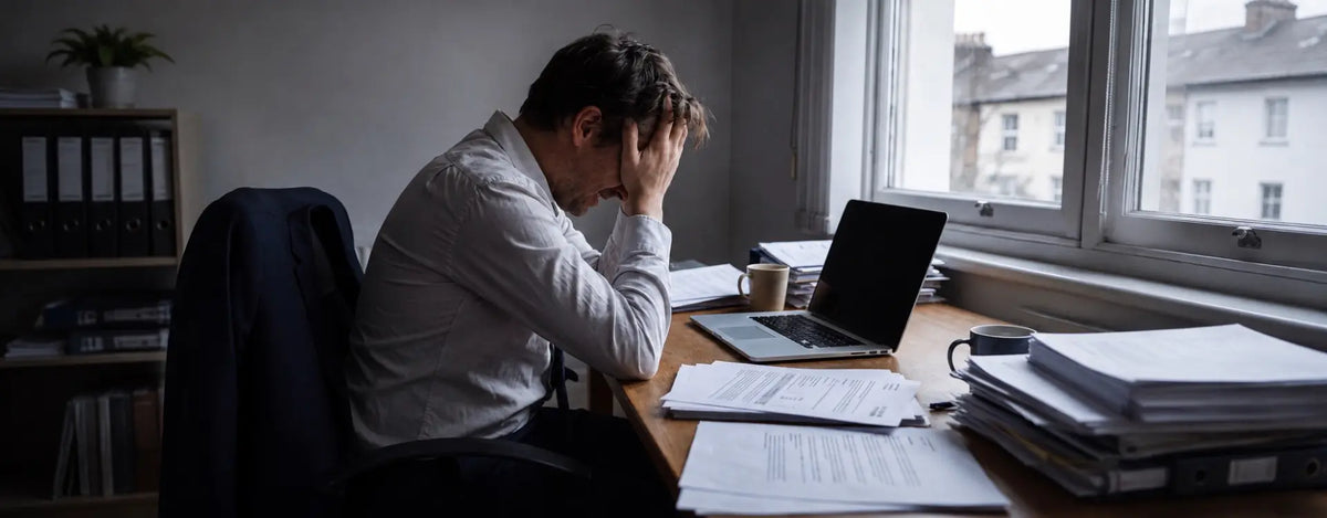 Person hält sich gestresst den Kopf am Schreibtisch, Symbolbild für Stress und mentale Belastung