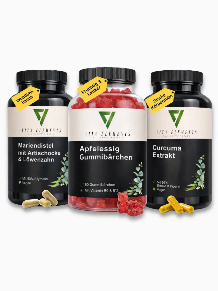 Vita Elements Detox Bundle: Mariendistel mit Artischocke & Löwenzahn Kapseln, Apfelessig Gummibärchen und Curcuma Extrakt Kapseln für Verdauung und Wohlbefinden.