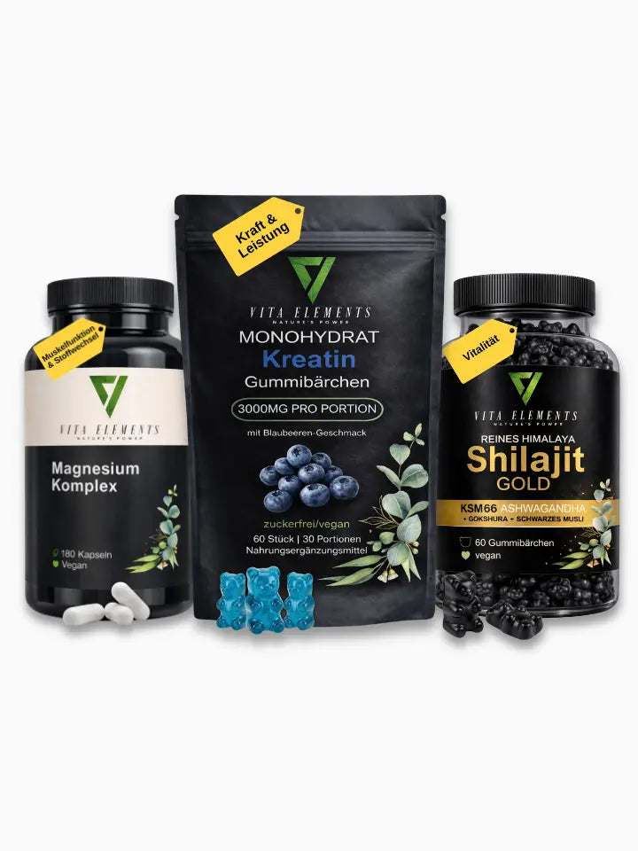 Vita Elements Fitness Bundle: Magnesium Komplex Kapseln, Kreatin Monohydrat Gummibärchen und Himalaya Shilajit Gold Gummibärchen für Kraft, Energie und Muskelfunktion.