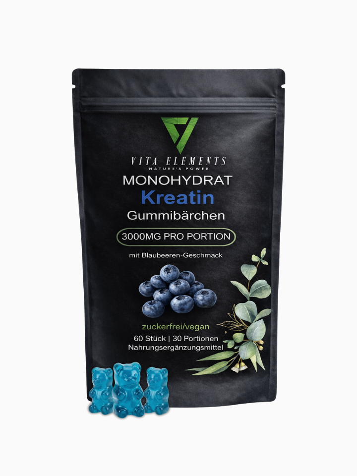 Vita Elements Kreatin Monohydrat Gummibärchen, 60 Stück mit Blaubeeren-Geschmack, 3000mg Kreatin pro Portion, zuckerfrei und vegan