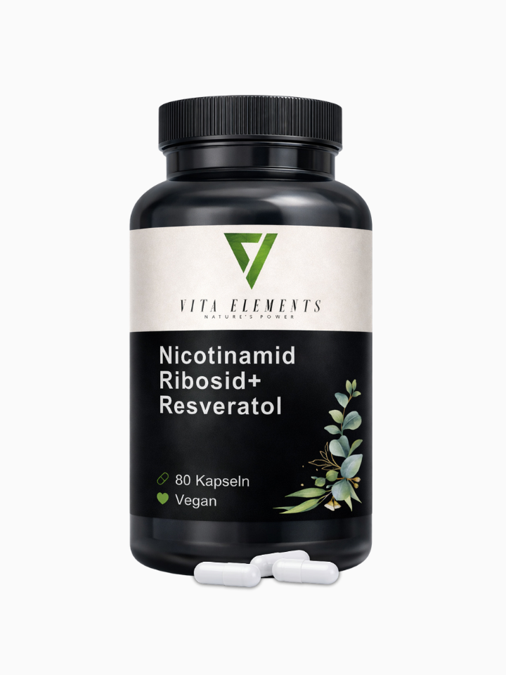 Vita Elements Nicotinamid Ribosid + Resveratol, 80 Kapseln für Energiestoffwechsel und Fokus, veganes Nahrungsergänzungsmittel