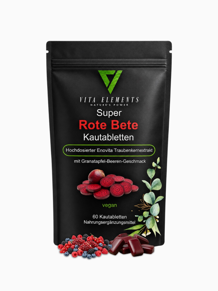 Vita Elements Super Rote Bete Kautabletten, 60 Kautabletten mit Granatapfel-Beeren-Geschmack, veganes Nahrungsergänzungsmittel.
