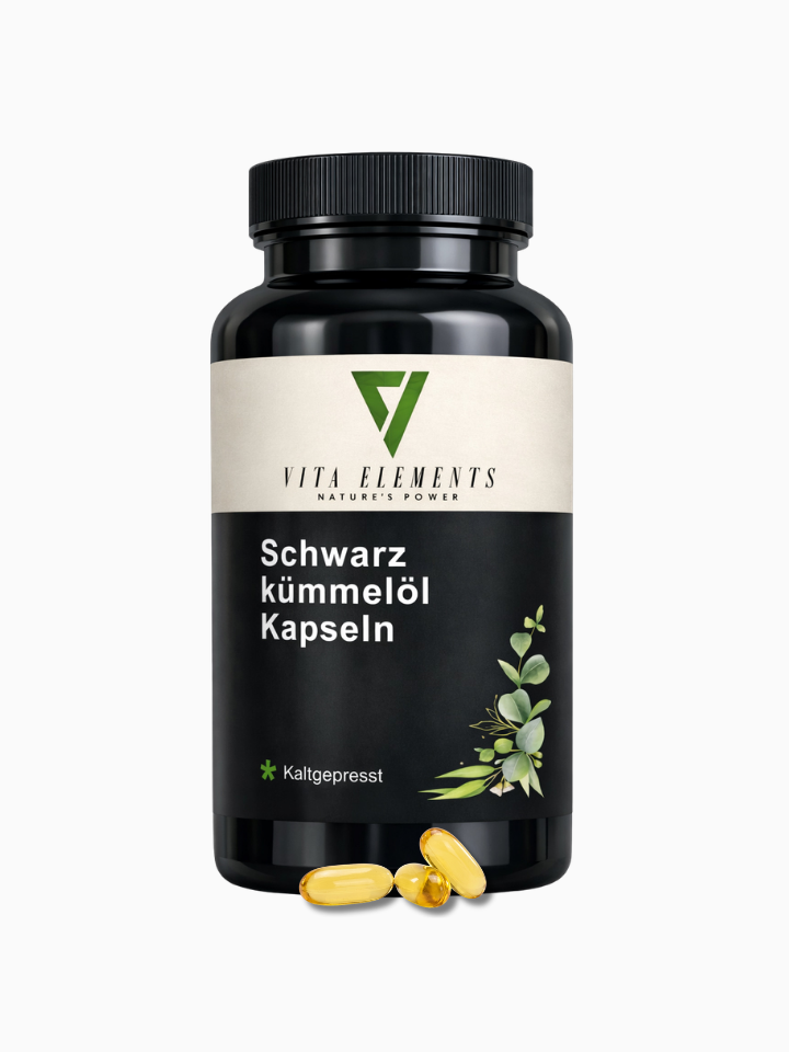 Vita Elements Schwarzkümmelöl Kapseln, 400 Stück kaltgepresst mit Vitamin E